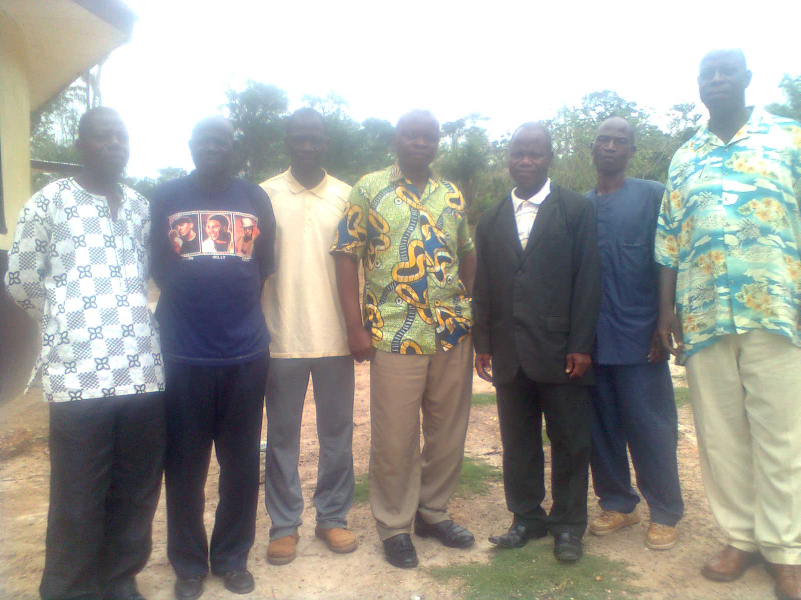 Local law enforcement near Nimba County in Liberia gathered for a JusticeMakers workshop about the rights of the accused living with HIV/AIDS. From left to right: 1) Police Commander a. Cyrus Marwon 2) Cllr. Gideon Tozay, Clerk of Debt Court 3) Arthur Queyaker 4) Cllr. Cooper Gweh, Associate Magistrate 5) JusticeMakers C. Christian Zarweah 6) Staff at the City Council Hon.Stanley Bella, and 7) Attorney Julius Monluo.