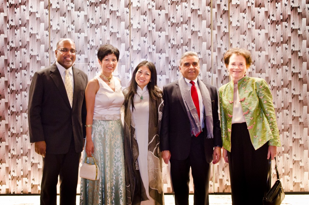 IBJ’s 2nd Annual Singapore Gala to support the Singapore Justice Training Centre: from left, Sanjeewa Liyanage, IBJ’s International Program Director; Indrani Rajah, Singapore’s Senior Minister of State for Law and Education; Karen Tse, IBJ’s Founder and CEO; Kishore Mahbubani, Dean of the Lee Kuan Yew School of Public Policy at National University of Singapore; and Anne Mahbubani