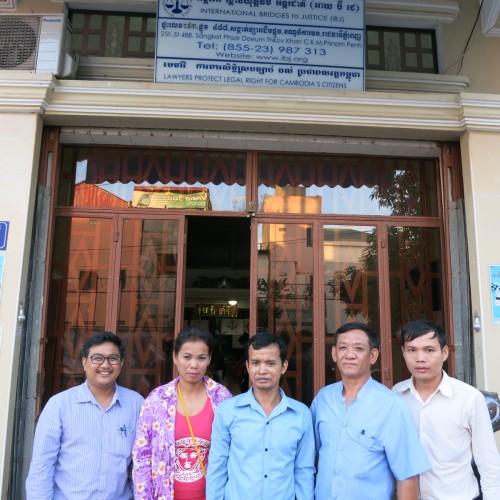 From left to right: Mr. Kin Vibol (IBJ lawyer) with his released clients Thea and Sophal, Mr. Ouk Vandeth (IBJ Country Director) and Mr. Sok Sopheak (IBJ lawyer assistant) in front of Phnom Penh IBJ office.