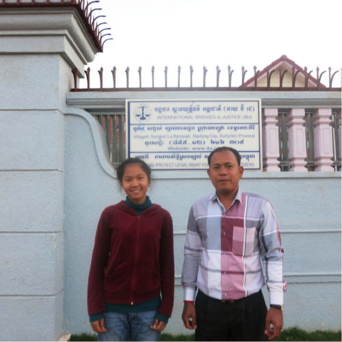 Sreymom and Mao Sary, IBJ Lawyer in DRC, in front of IBJ office in Rattanakiri